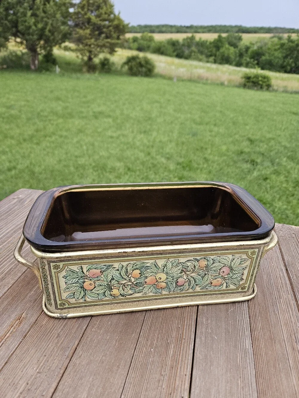Pyrex Brown Glazed Loaf Pan with Fruit Motif